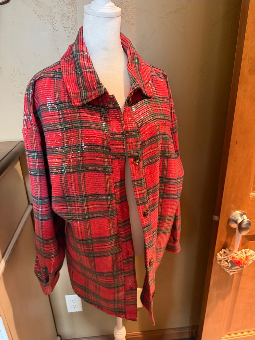 BiBi Red Plaid Button-Down Shirt Jacket with Sequin Detail